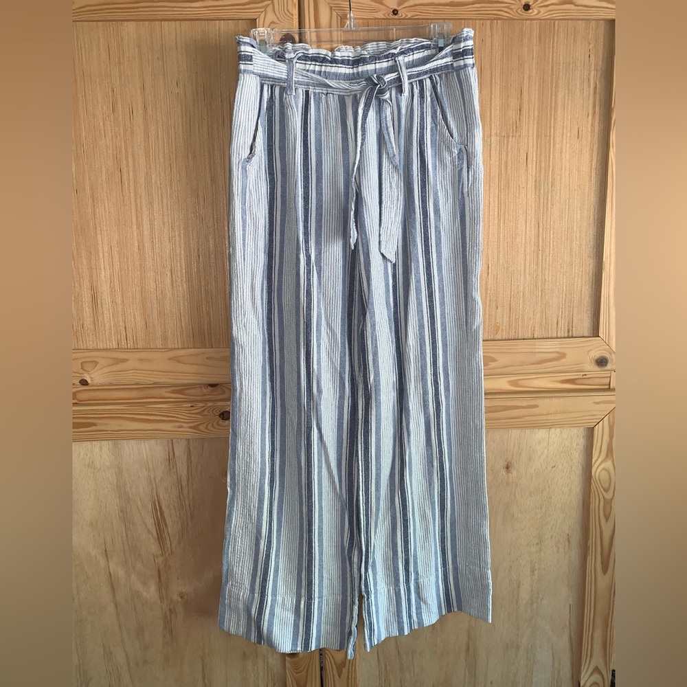 Jolt blue/white striped linen blend belted wide leg boho beachy pants size M